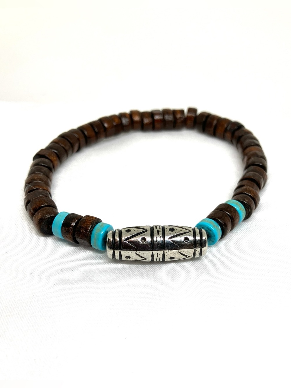 Wooden Beaded Stretch Bracelet - Dark Brown & turquoise with silver accents